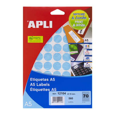 Eiquetes adhesives Apli A5 diametre 19mm blau